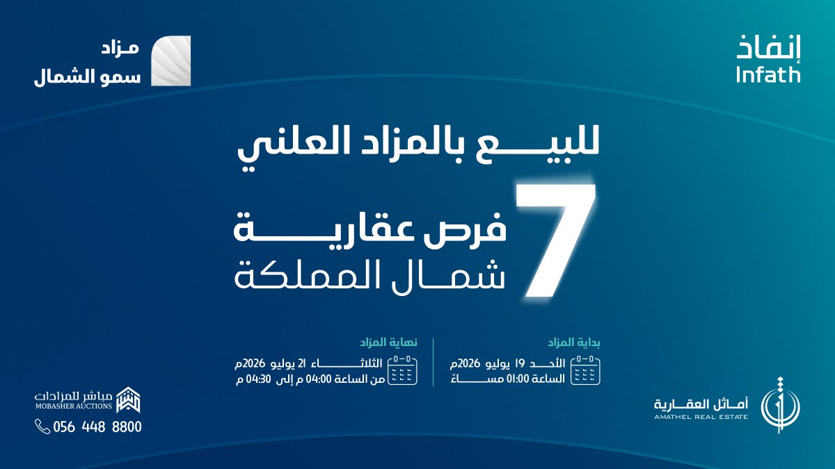 Amathel_re's tweet photo. تعلن شركة أماثل العقارية عن #مزاد_سمو_الشمال
🔹 تحت إشراف مركز الإسناد والتصفية "إنفاذ"
⚖️ وبقرار من محكمة التنفيذ 

عن مزاد يضم 7 فرص سكنية في مدينة عرعر و رفحاء
 📍عقارات متفردة بمواقع مختلفه ومساحات متنوعة 

💻 المزاد يقام إلكترونيًا عبر منصة مباشر للمزادات

📅من يوم الاحد 19 يوليو إلى الثلاثاء 21 يوليو
 
@infath_sa | @infathAuctions 

🔗 للتفاصيل:
https://t.co/dclSsYueWw