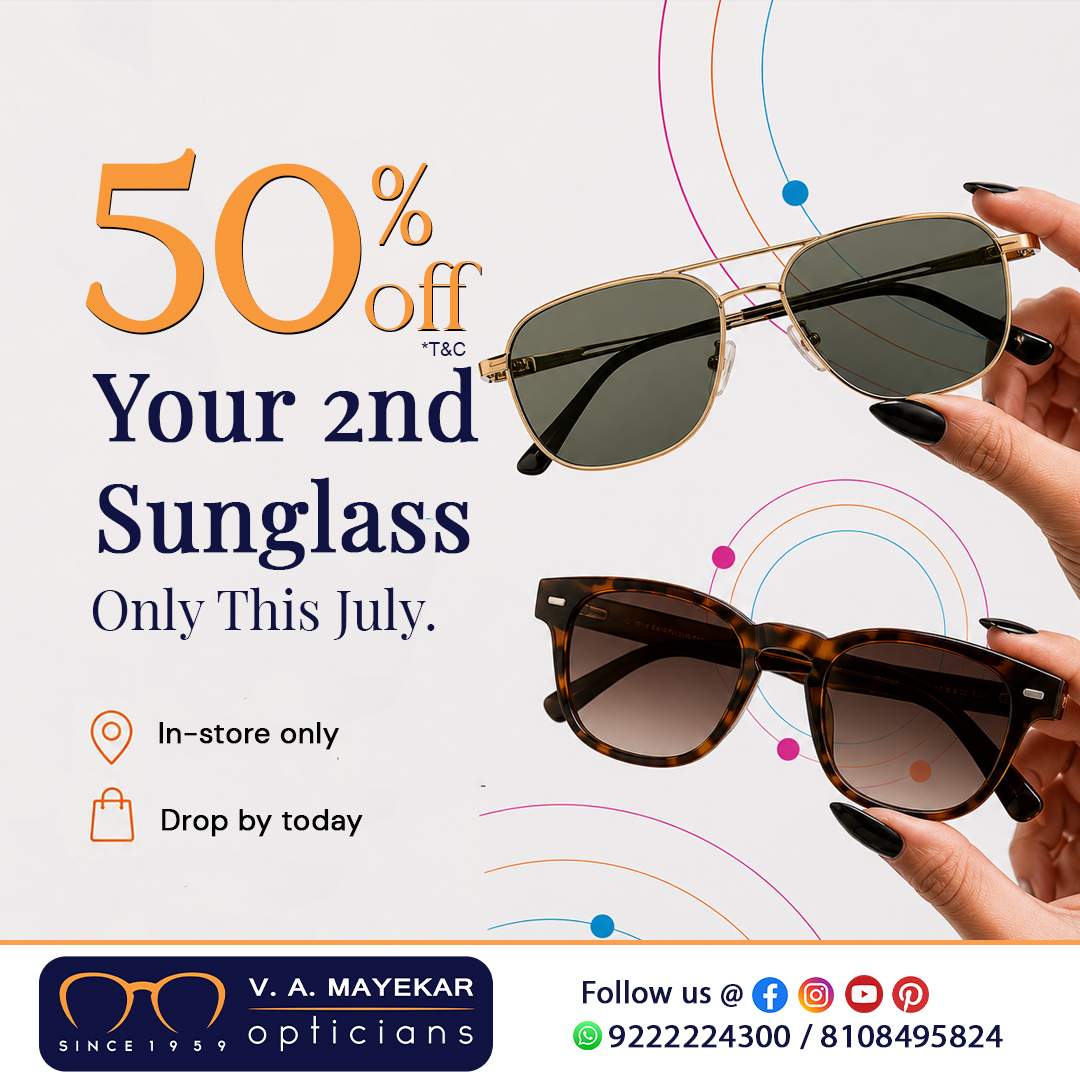 VAMayekarOptics's tweet photo. Yes, it rains in July. 
But Mumbai sun between showers is just as harsh. Get 50% off on your 2nd sunglass this July at V.A. Mayekar Opticians.​
 📍 Thane &amp; Mumbai​
📞 9222224300
#SunglassOffer #50PercentOff #PremiumSunglasses #VAMayekarOpticians #MumbaiStyle https://t.co/b525BXfggm