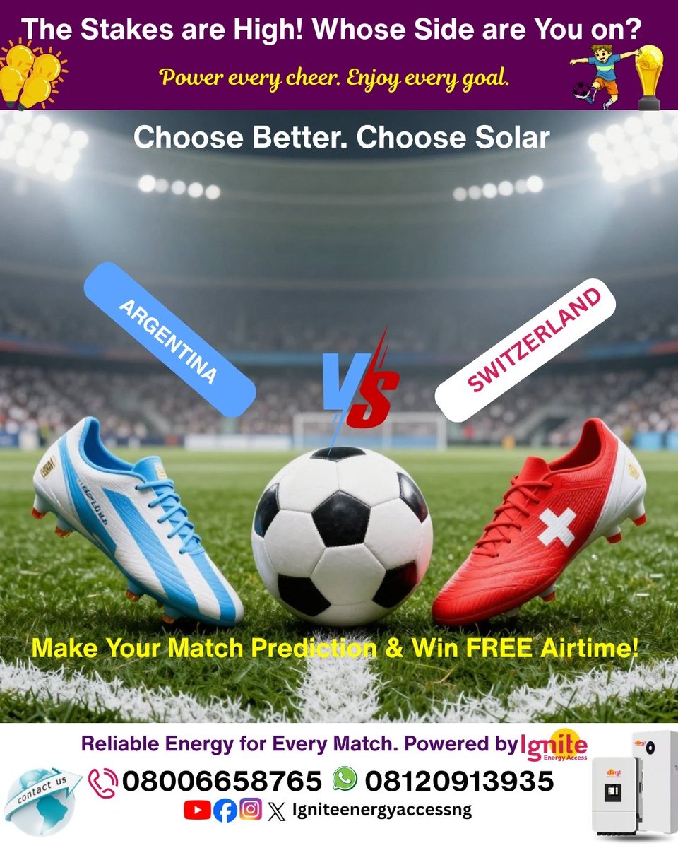 IgniteEnergyNG's tweet photo. Who's taking this one?
🇦🇷 Argentina 🆚 🇨🇭 Switzerland

💬 Comment your winner!
🎁 First 3 correct predictions stand a chance to win FREE airtime.
⏰ Entries close: July 12, 1:30 AM WAT.

#ArgentinaVsSwitzerland #WinFreeAirtime #IgniteEnergyAccess https://t.co/pKWlXKl33t