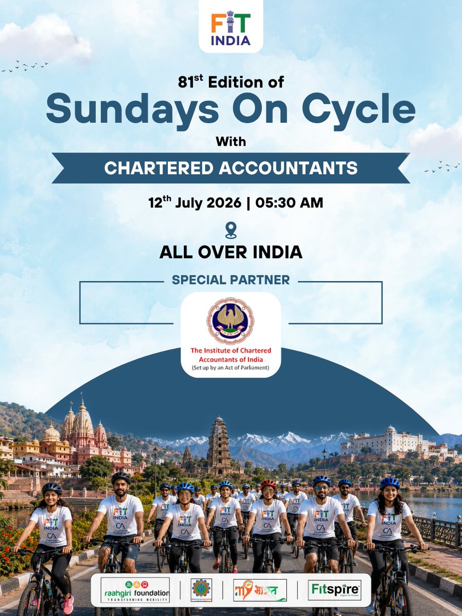 FitIndiaOff's tweet photo. Are you ready for this Sunday Morning?
Get ready with your cycle &amp; squad for the 81st Edition of #SundaysOnCycle.

#FitIndia #PollutionKaSolution #Pedal2Fitness #FightObesity https://t.co/cfxFsPav52