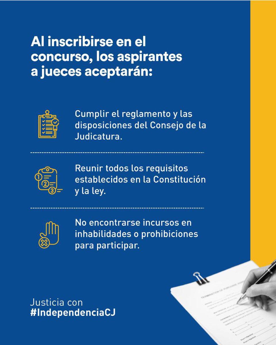 CjPichincha's tweet photo. 📔 El Reglamento del Concurso Público para la selección y designación de juezas y jueces de la   @CorteNacional establece los compromisos que asumirán las y los postulantes para que el proceso se desarrolle con orden y transparencia. 

#ConcursoCNJ 
#JusticiaConIndependenciaCJ https://t.co/iBeuM6P60D