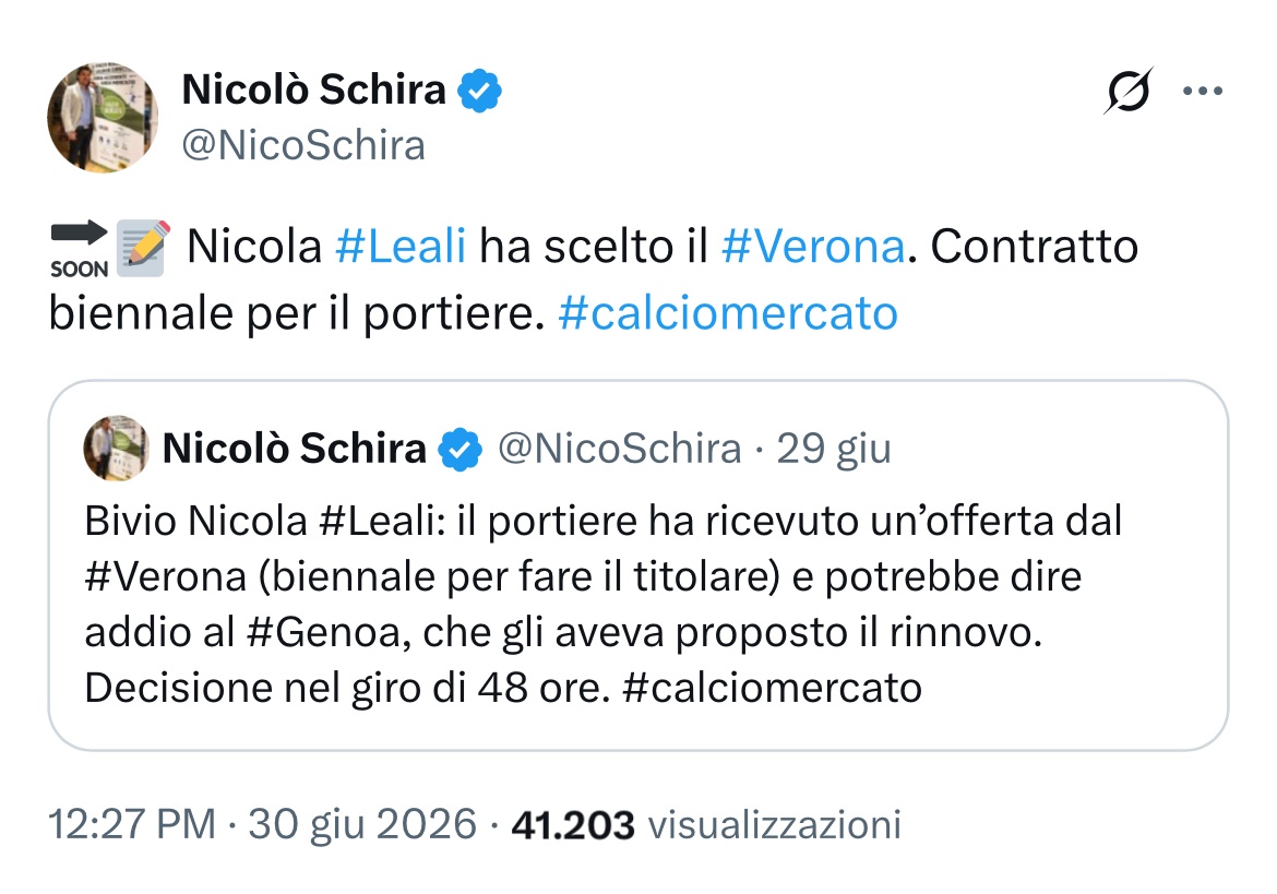NicoSchira's tweet photo. Ora è ufficiale! Nicola #Leali al #Verona. Contratto biennale. Tutto confermato dallo scorso 29 giugno! #calciomercato https://t.co/v8LPIzTFuy
