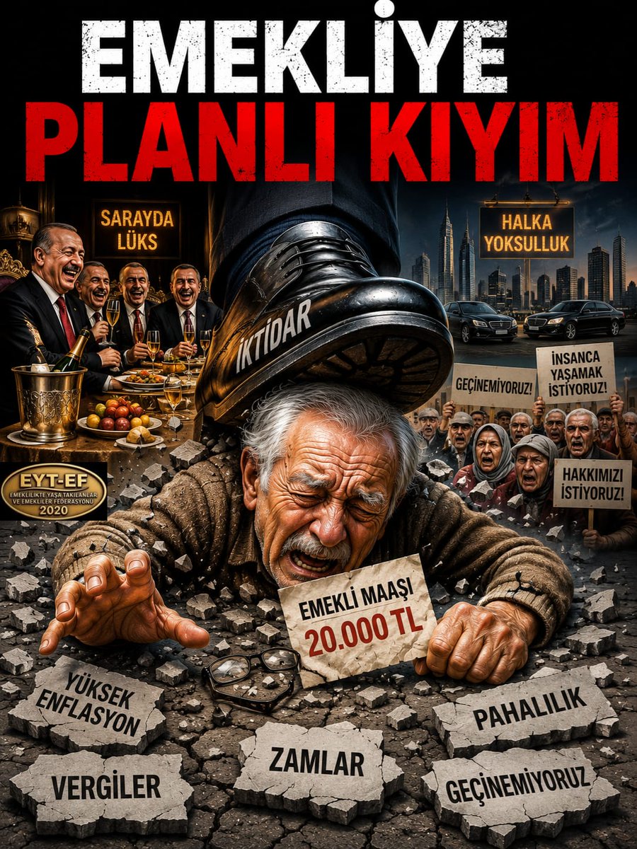ebrucoha1's tweet photo. EMEKLİ
👇
#EmekliyePlanlıKıyım

Ülke emeklisi açlığa mahkum ediliyorsa;
Bu bir kader değil,
Planlı kıyımdır!

İnsanca yaşam hakkı olan #Emekli ye,
Açlık sınırının altında yaşamı dayatmak,
Ekonomi yönetimi değil;

Vicdan iflasıdır !

#5000KısmiyeKıydılar
@RTErdogan
@isikhanvedat https://t.co/WMFPNuK9bi