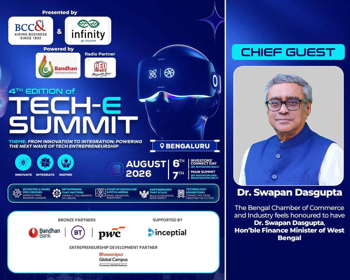 BenCham1833's tweet photo. 📣 Chief Guest Announcement

We're honoured to welcome Dr. Swapan Dasgupta, Hon'ble Finance Minister of West Bengal, as the Chief Guest at #TechESummit2026.

📅 6–7 Aug 2026
📍 Bengaluru

🔗 https://t.co/bNYSDZIMGE

#Innovation #Startups #Bengaluru #TechLeadership https://t.co/s0RtzwVS50