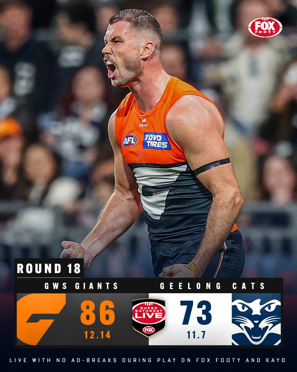 FOXFOOTY's tweet photo. THERE'S A BIG, BIG SOUND 🎺

Seven final quarter goals for the Giants!!
GWS have come from 39 points down to overrun an injury-hit Geelong.

✍️ https://t.co/IJ9feQUmMy https://t.co/igwLcOfGfR