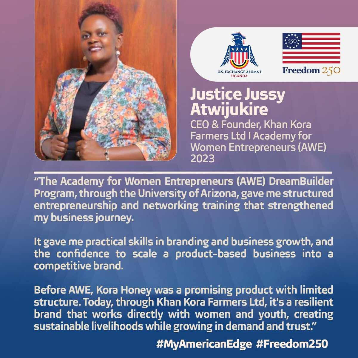 korafarmers's tweet photo. AWE DreamBuilder- University of Arizona, strengthened my entrepreneurial journey with skills in business growth. 
What started as Kora Honey has grown through Khan Kora Farmers Ltd into a trusted brand.
Grateful for the mentorship, networks, and confidence gained through AWE https://t.co/HNiyq2SwnG