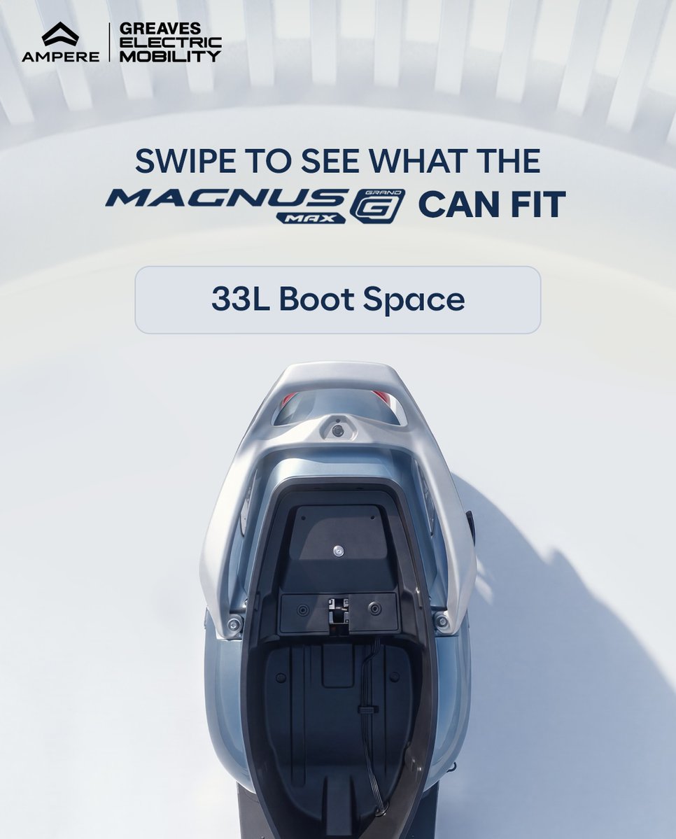 ampere_ev's tweet photo. Office bag, grocery bag, gym bag and everything else your day throws your way.
The Ampere Magnus G Max comes with the space to keep up with every plan on your list ✔️
#BootSpace #EVScooter #AmpereMagnusGMax #Ampere #GreavesElectricMobility https://t.co/5HqBE21Jw1
