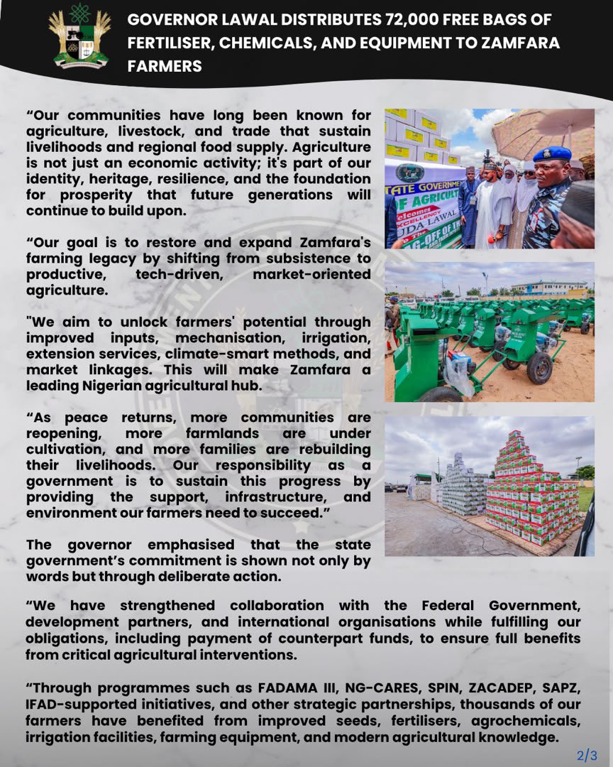 SaniWasa94238's tweet photo. GOVERNOR LAWAL DISTRIBUTES 72,000
FREE BAGS OF FERTILISER, CHEMICALS, AND EQUIPMENT TO ZAMFARA FARMERS https://t.co/kbc1rgNqqQ