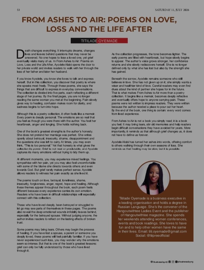tiiPREE's tweet photo. Title: From Ashes to Air: Poems on Love, Loss and the Life After
Author: Ayodele Alabi
Year of Publication: 2026
Number of Pages: 145
Category: Poetry
Go here to read the review: https://t.co/ohBfpU7Pj9 https://t.co/7T75wDFYGL