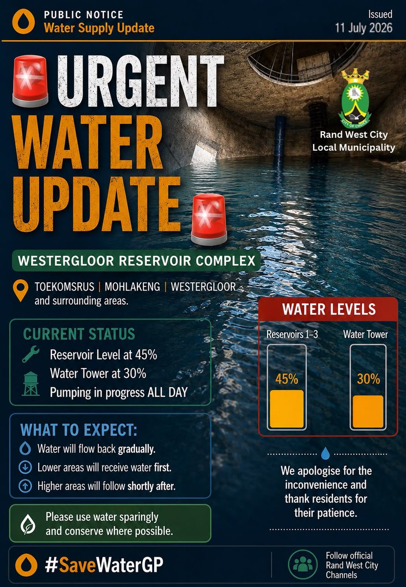 RandWestCity1's tweet photo. 🚨PUBLIC NOTICE🚨
WATER SUPPLY UPDATE
#SaveWaterGP https://t.co/NVkrnDmDma