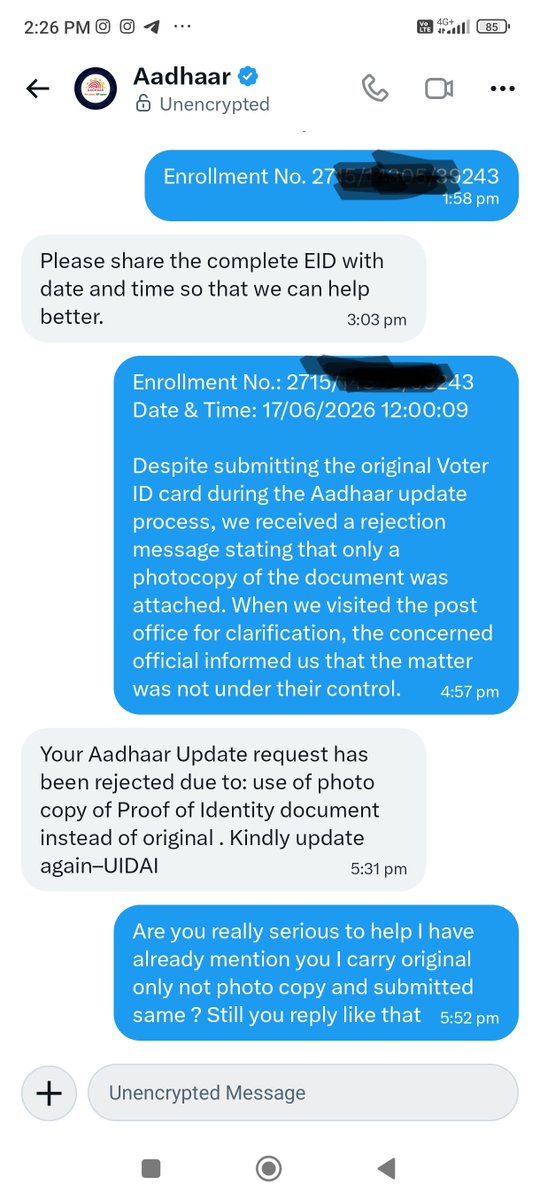 Innocent_GK's tweet photo. @AshwiniVaishnaw @ceo_uidai @Gol_Meity @Aadhaar_Care @JitinPrasada @UIDAIMumbai @UIDAI Why should I update again for a mistake caused by your system? I already took a day off work and submitted the required documents Please resolve the issue instead of making citizensrepeatt fees https://t.co/zhFVqcA69u