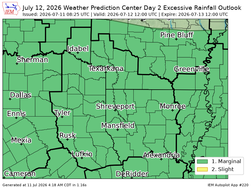 ArkLaMissWX's tweet photo. WPC issues Day 2 Marginal Risk Excessive Rainfall Outlook at Jul 11, 8:25z for SHV https://t.co/SrLeBFUCzU https://t.co/ebqkKJqByY