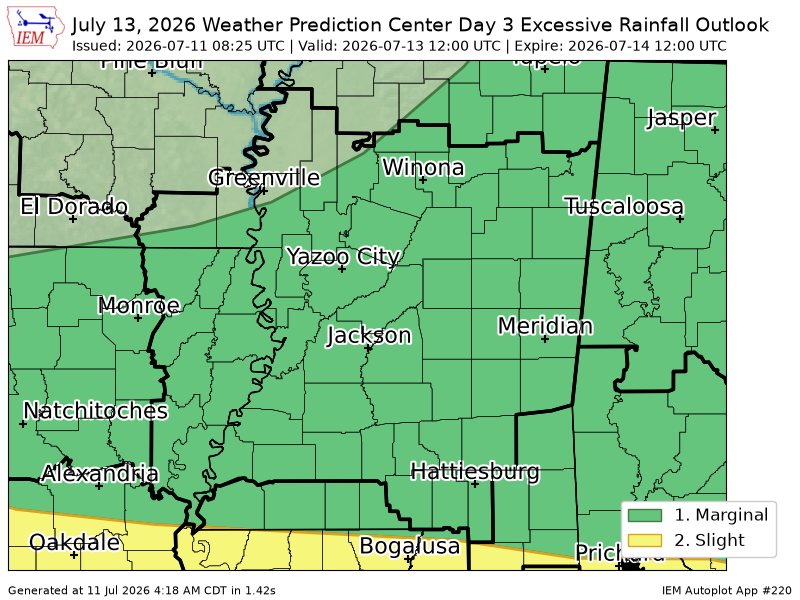 ArkLaMissWX's tweet photo. WPC issues Day 3 Slight Risk Excessive Rainfall Outlook at Jul 11, 8:25z for JAN https://t.co/SrLeBFUCzU https://t.co/ve0AlMxg1c