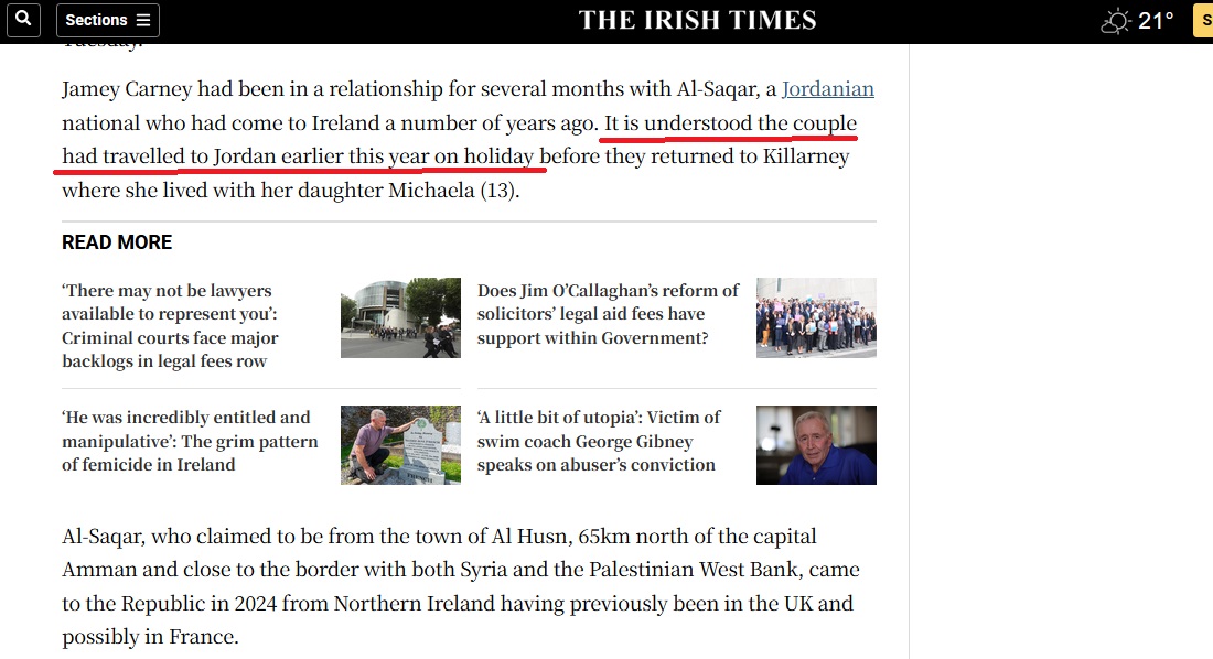 nwl88444048's tweet photo. Irish Times, the "paper of record" (Conor Lally + Barry Roche) today report 

"It is understood the couple [murder victim Jamey Carney and suspect Ahmed Al-Saqar] had travelled to Jordan earlier this year on holiday"

The photo below may still be fabricated or AI-generated, but the core point, why was a Jordanian asylum seeker, granted permission to permanently remain in Ireland after he had travelled here via France and the UK, going on holiday to the country from which he sought asylum. While living in an IPAS centre in Killarney.

And the core question also stands, is this a joke.