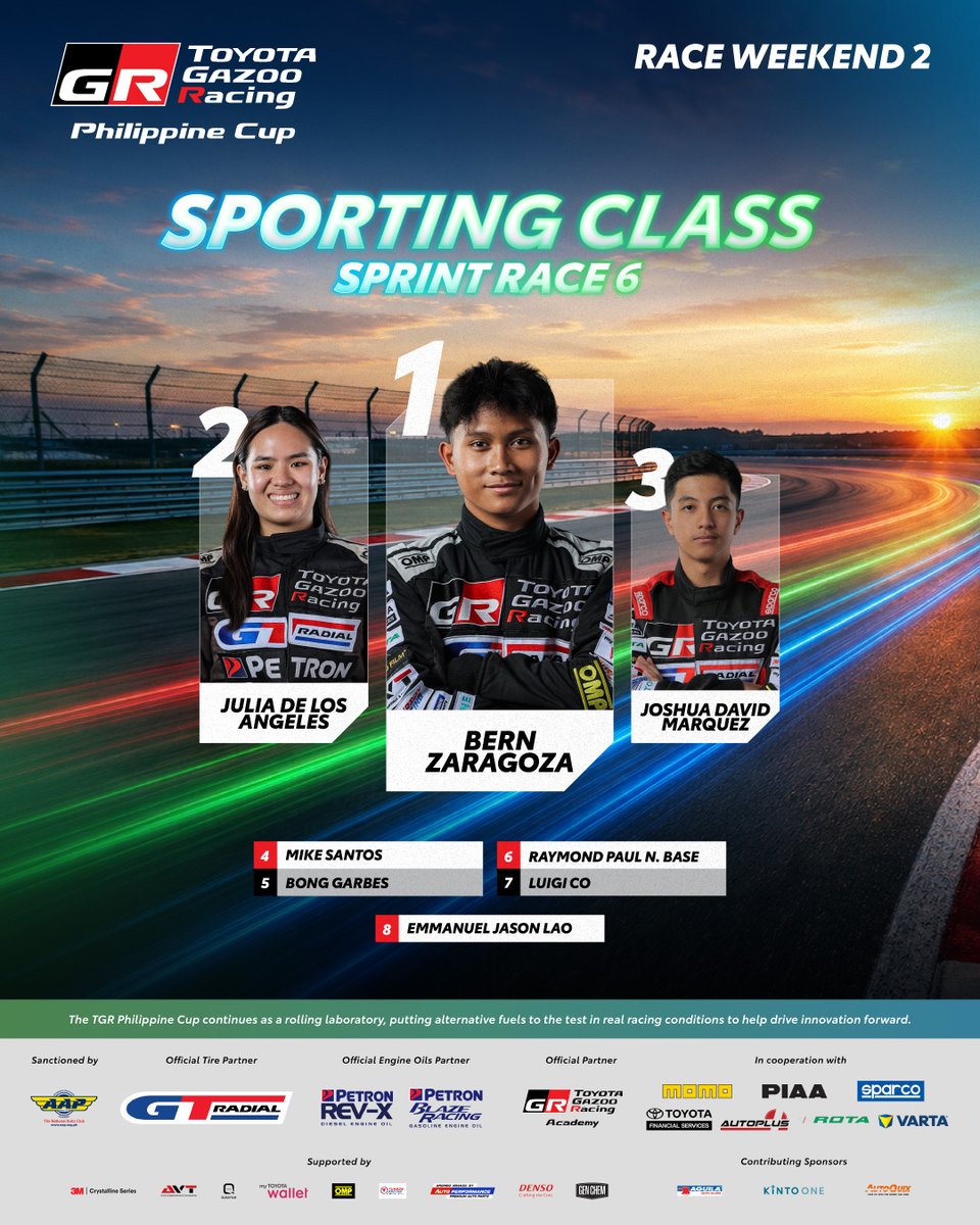 TGRPhilippines's tweet photo. Your Sporting Sprint Race 6 Winners 

🥇Bern Zargoza
🥈Julia De Los Angeles
🥉Joshua David Marquez

#TGRPhilippineCup2026 #TOYOTAGAZOORacing #PushingTheLimitsForBetter #TGRPhilippines https://t.co/xtsqnepuWx