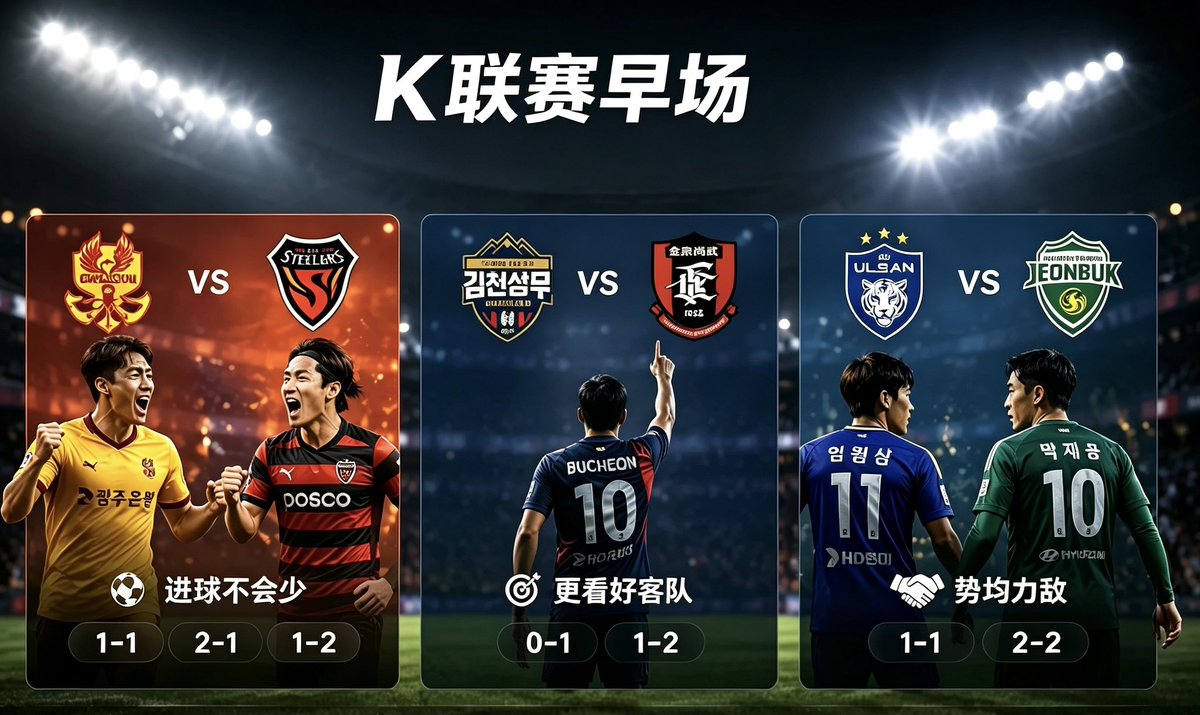 zheyu115's tweet photo. 早场K联赛，随手分享一下看法。

光州FC VS 浦项制铁
这场感觉进球不会少，两队碰面应该不会一直磨着踢
比分方向：1-1、2-1、1-2。

金泉尚武 VS 富川FC
这场我更想站富川一点，第一感觉就这样比分方向：0-1、1-2。

蔚山现代 VS 全北现代
老对手碰面，这种比赛我反而不敢乱站，感觉谁都吃不���谁
比分方向：1-1、2-2。

早场随便看看，晚上继续世界杯。

纯娱乐预测，瞎蒙，不对结果负责。