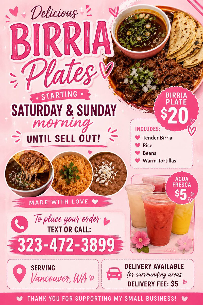 bbglilianaaa's tweet photo. Hi guys!

I’m selling birria plates in VANCOUVER WA if anyone is interested you can DM! 

❤️

#mexicanfood #vancouverwa #birria #smallbusiness #fypシ゚viral  #follow #FoodieLife #LA https://t.co/MIIomZGpIt