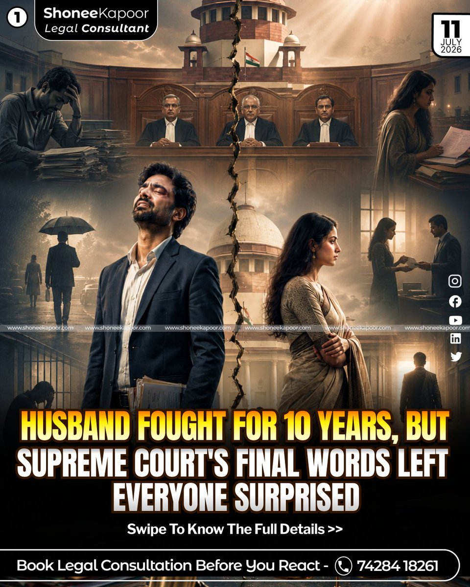 ShoneeKapoor's tweet photo. A man spends 10 years clearing his name, carrying the weight of serious allegations, endless litigation and financial loss.

And in the end, he is told to forget the past and move on.

For men, stolen years are treated like paperwork.
No accountability. No compensation. Just silence.

Swipe to know the full courtroom exchange and complete details.

THREADS (1/7)
