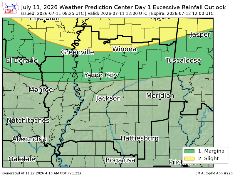 ArkLaMissWX's tweet photo. WPC issues Day 1 Slight Risk Excessive Rainfall Outlook at Jul 11, 8:25z for JAN https://t.co/SrLeBFUCzU https://t.co/ERbehE52ER