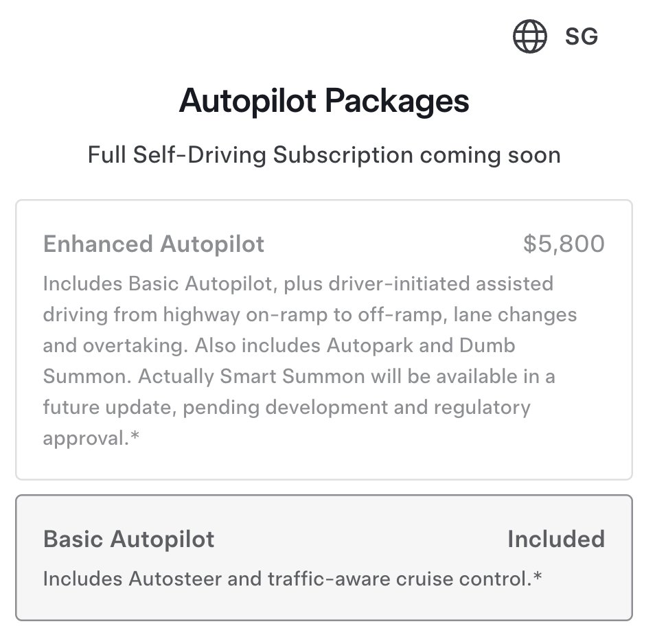 darenyoong's tweet photo. 🇸🇬 Tesla Singapore website now shows 'FSD Subscription' coming soon. https://t.co/yFnTc800bk