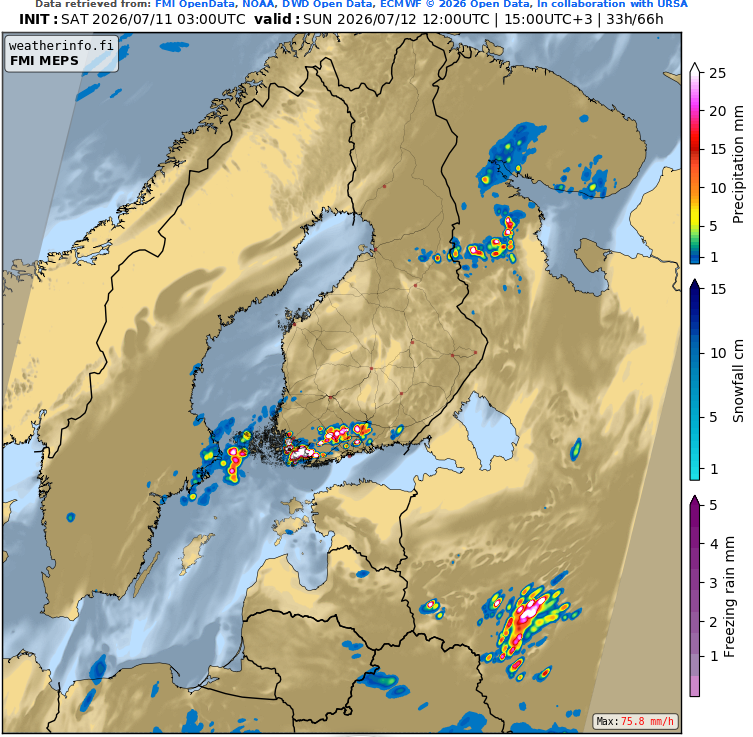 kristofburger's tweet photo. Viimeisimmässä MEPS-mallin ajossa on erittäin suuria tuntisademääriä sunnuntaille, maksimiarvo näkyy oikeassa alakulmassa. Pahat taajamatulvat ja vesivahingot ovat mahdollisia, ja myös liikenteessä voi olla paikoin vaikeuksia. #sää #ukkonen #sade https://t.co/M2ijZmrQYi