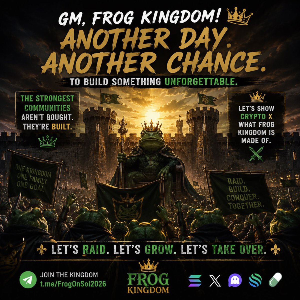 FrogOnSol2026's tweet photo. ⚔️ Another day.

Another chance to build something unforgettable.

The strongest communities aren’t bought.

They’re built.

Let’s show Crypto X what Frog Kingdom is made of. 🐸👑🔥 https://t.co/KvKr5ZvCuo