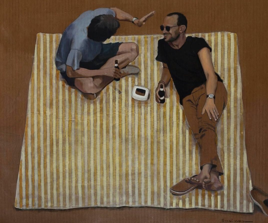 franch_laura's tweet photo. El realismo figurativo del pintor barcelonés Pep Encinas es puro verano mediterráneo, calma urbana y costumbrismo contemporáneo.

​Su pintura evoca de inmediato un día de julio: una conversación pausada frente al mar... 

👇🏻Abro hilo. https://t.co/ibWJkzIxsW