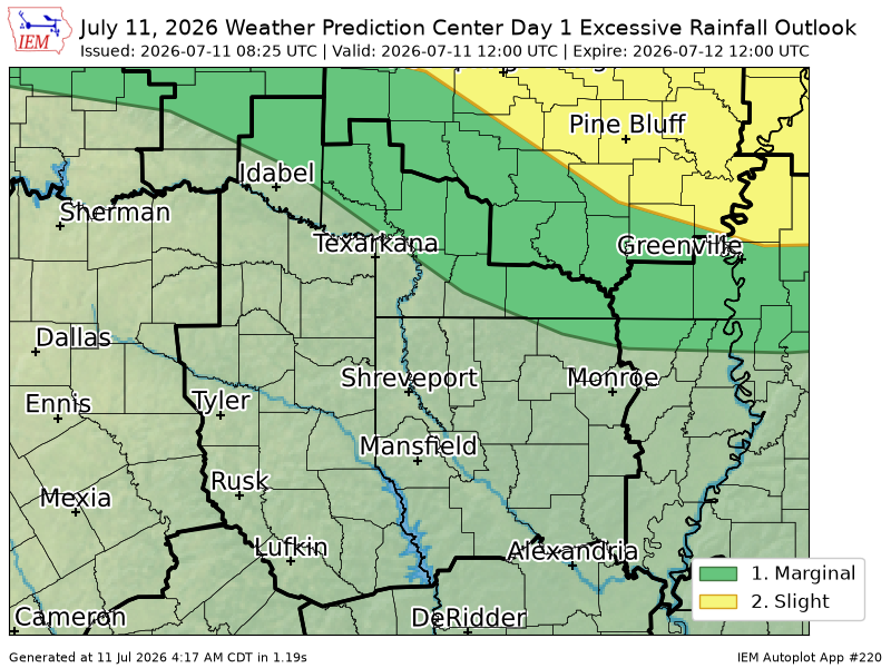 ArkLaMissWX's tweet photo. WPC issues Day 1 Marginal Risk Excessive Rainfall Outlook at Jul 11, 8:25z for SHV https://t.co/SrLeBFUCzU https://t.co/2db6a998ts