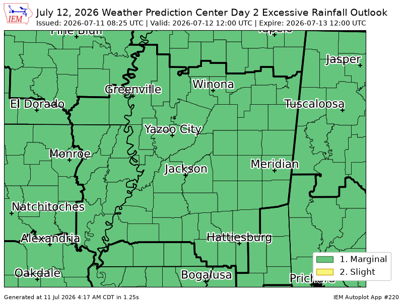 ArkLaMissWX's tweet photo. WPC issues Day 2 Marginal Risk Excessive Rainfall Outlook at Jul 11, 8:25z for JAN https://t.co/SrLeBFUCzU https://t.co/T0LDZlEogU
