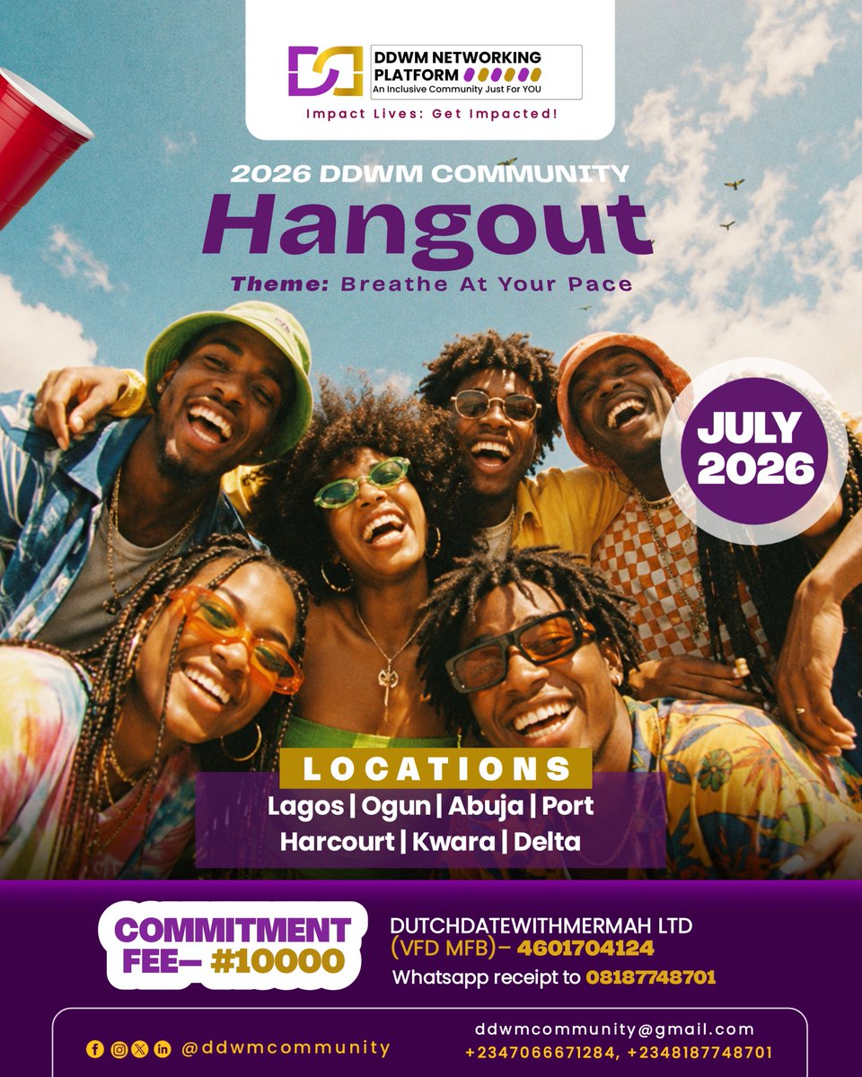 ddwmcommunity's tweet photo. Attend Our Physical Hangouts This July and BREATHE AT YOUR PACE!
Your Location is Here🤗👇

📍: Lagos | Ogun | Abuja || Port Harcourt | Kwara | Delta 

Audience: Adults interested in making new friends, network &amp; have fun
Scene: Calm &amp; Chill Vibe

Registration Details👇

Reshare! https://t.co/OVoOD1LuCw