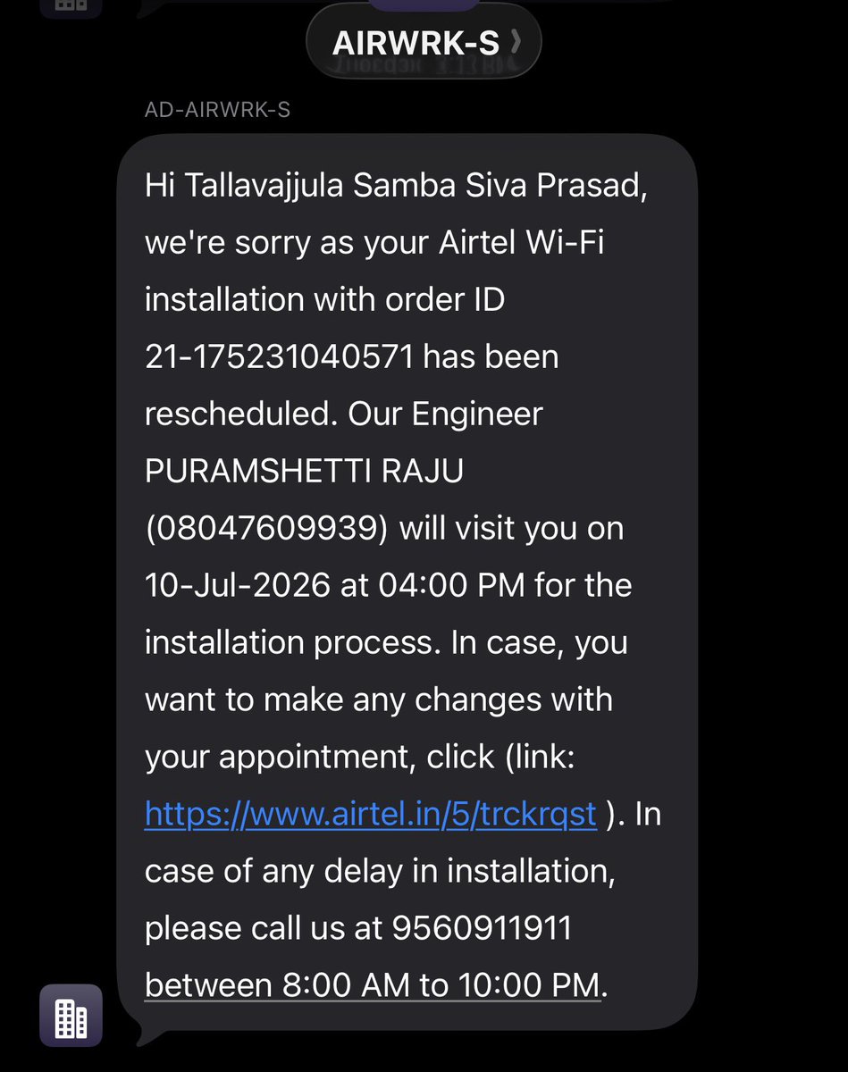 PrasadTss's tweet photo. @airtelindia My Wi-Fi  shifting request is trapped in a frustrating loop of endless rescheduling. Lack of reliability and poor response by customer care &amp; your technicians is highly pathetic. https://t.co/JuapVP1Pd7