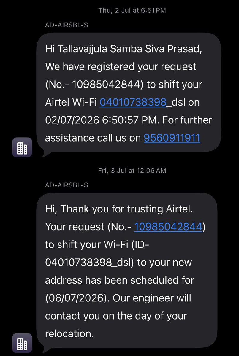 PrasadTss's tweet photo. @airtelindia My Wi-Fi  shifting request is trapped in a frustrating loop of endless rescheduling. Lack of reliability and poor response by customer care &amp; your technicians is highly pathetic. https://t.co/JuapVP1Pd7