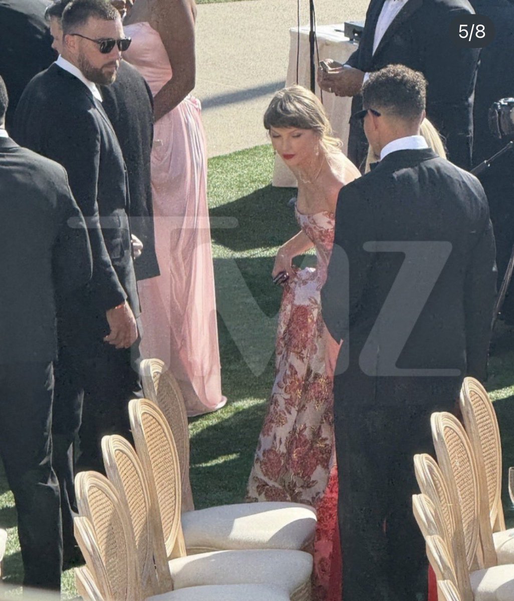 thehamptonsboy's tweet photo. ….#TaylorSwift and #TravisKelce first time out after their wedding to a friends wedding. #TaylorSwift was wearing #Markarian !¡! https://t.co/wA3ey2HubB