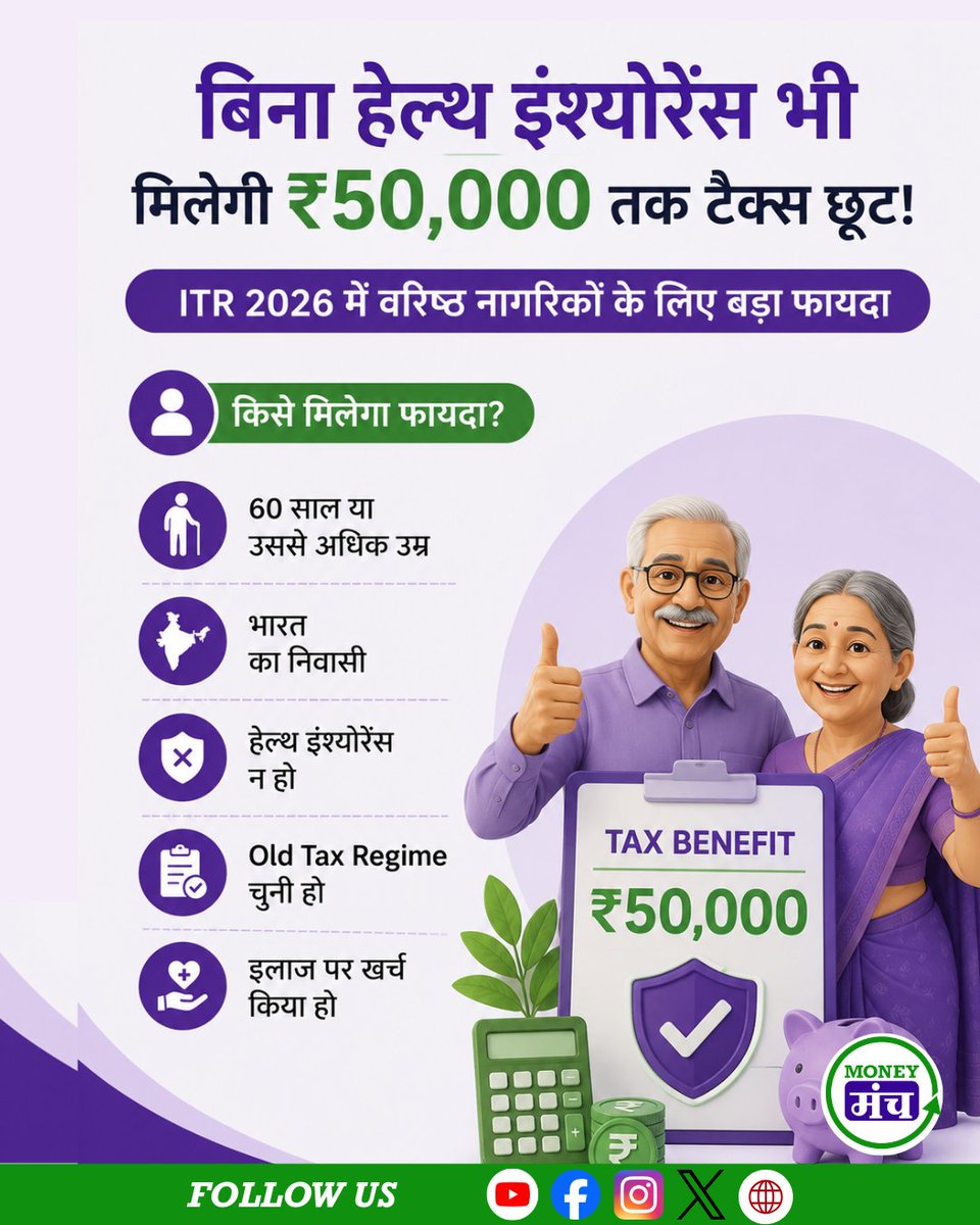 themoneymanch's tweet photo. अगर आपकी उम्र 60 साल या उससे अधिक है, आपने Old Tax Regime चुनी है और इलाज पर अपनी जेब से खर्च किया है, तो Health Insurance भी मिल सकती है ₹50,000 तक की #TaxDeduction

#ITR2026 #IncomeTax #TaxSaving #SeniorCitizen #HealthExpenses #Section80D #OldTaxRegime #MedicalExpenses https://t.co/M9VG0rp3L9
