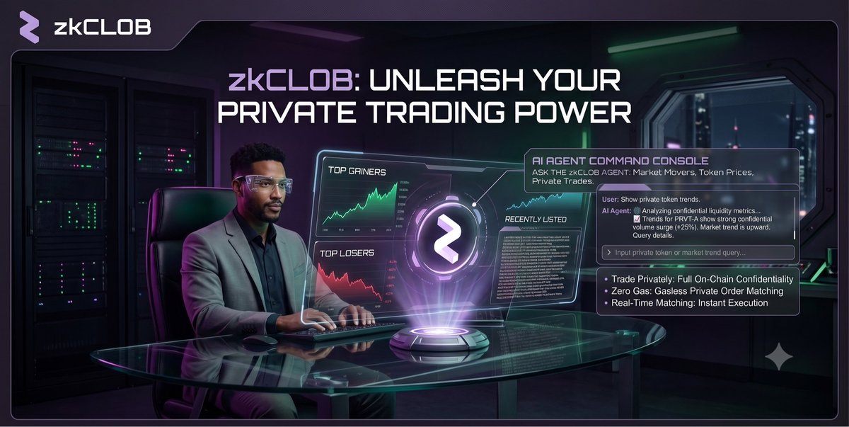 ZkJWick's tweet photo. Ready to unleash your private trading power? ⚡️

Say hello to your ultimate on-chain co-pilot. The @zkCLOB platform features an advanced AI Agent Command Console to help you track market movers and analyze confidential liquidity metrics in real-time. 🤖📈

Why trade on zkCLOB?
🛡️ Full On-Chain Confidentiality
⛽️ Zero Gas Fees
⚡️ Real-Time Order Matching

Trade smarter. Trade privately.
🔗 https://t.co/sHp21l5u1a

#zkCLOB #DeFi #ZKProofs #CryptoTrading #Web3 #Privacy
