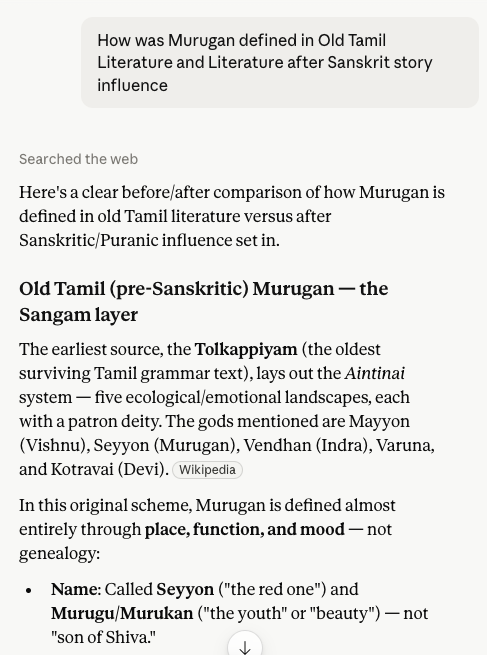 b1_mani's tweet photo. Old Tamil Murugan=a nature-spirit/hill-god defined by landscape, youth, and folk ritual, with no fixed parentage. 

Post-Sanskritic Murugan = a Puranic prince-god defined by his parentage (Shiva-Parvati), his cosmic demon-slaying destiny, and an elaborate birth narrative 

Claude https://t.co/aSZqvknTtA