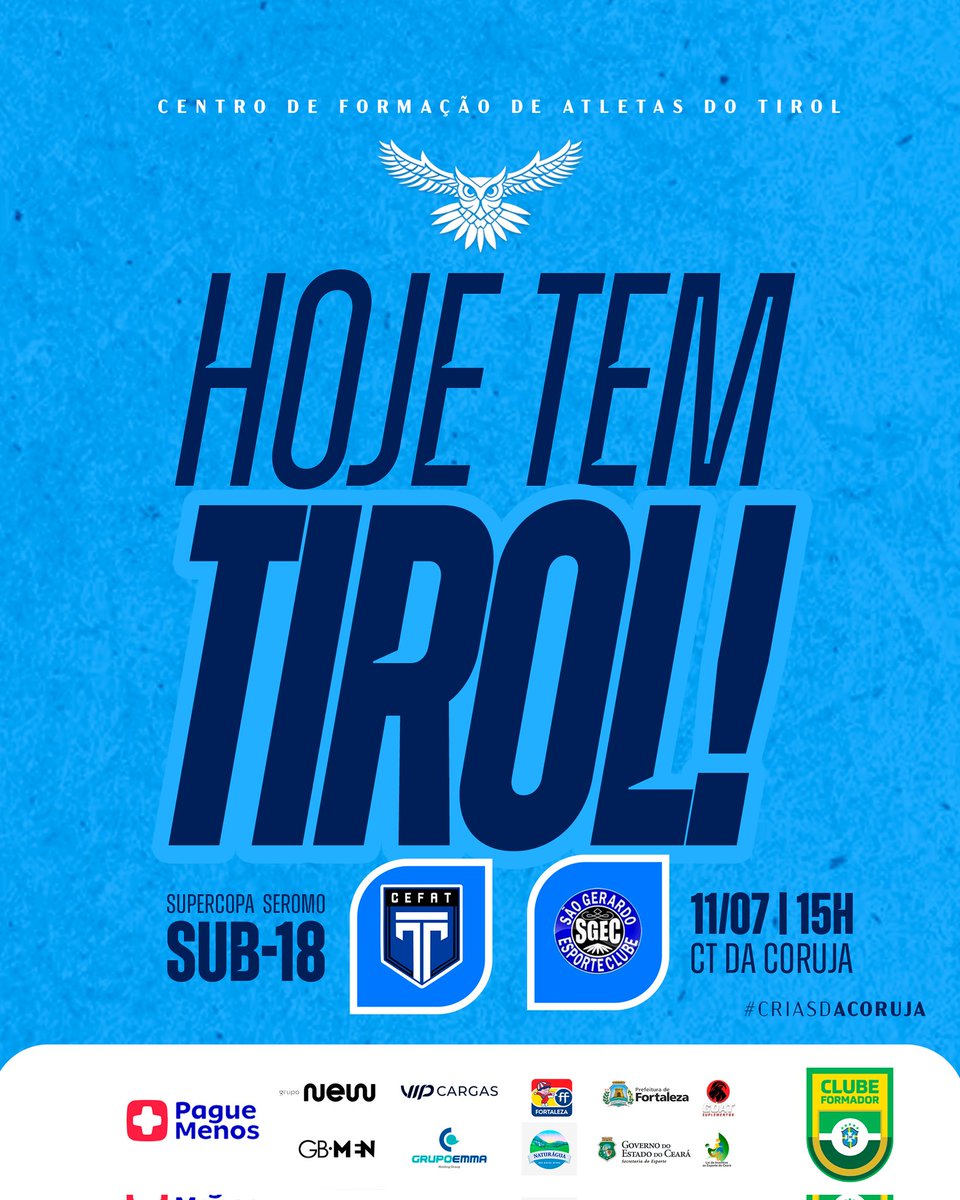 tirolcefat's tweet photo. DIA DE CORUJA EM DOSE DUPLA!!! 🦉

🏆 Copa Manjadinho Sub-14
🆚  Tiradentes 
📅 11/07
⏰ 09:30
📍 Toca do Tigre

🏆 Supercopa Seromo Sub-18
🆚  São Gerardo
📅 11/07
⏰ 15:00
📍 CT da Coruja

VAMOOOOS TIROL!!! 🔵⚪ https://t.co/ScFY0rZgjk
