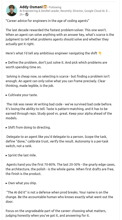 suyadi_af's tweet photo. A big shoutout to @addyosmani who created this career advice amidst the coding agents era.

 https://t.co/a8KC7ITTA9 https://t.co/D2DZ0nXALt