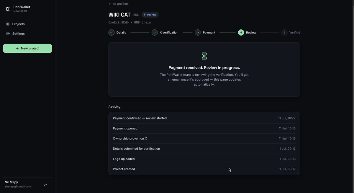 sirmapy's tweet photo. Just paid $100 for Listing/Verification tag for Wiki Cat on @peniwallet 

Here is what I am expecting as a token developer: 

1. On the next update of peniwallet I should see a verification badge for Wiki Cat. 

2. The dashboard will also allow me to change my logo and socials at any time and it will instantly update on everyone Peniwallet app.

3. Data on how many people are using Wiki Cat to do spray, transfers and swaps as well as my share of the fees should be avaliable for me to withdraw.