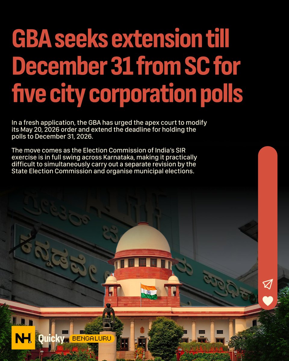 NewsHamster1's tweet photo. Will Bengaluru finally get to vote this year?

The GBA has approached the Supreme Court, seeking to extend the deadline for elections to Bengaluru's five city corporations till December 31, citing the ongoing SIR exercise across Karnataka.

#Bengaluru #GBA #SupremeCourt #MunicipalElections #Karnataka