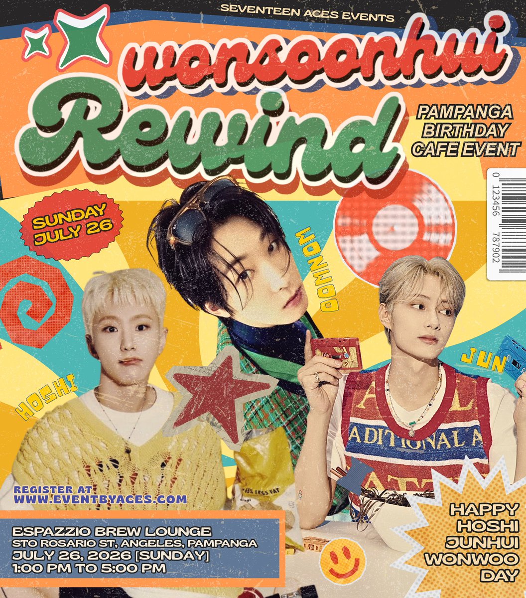 seventeen_ACEs's tweet photo. We are back! 
Rewind. Replay. Relive.Step back into your favorite WonSoonHui moments with us! ✨
[NEW EVENT DATE] 
July 26, 1:00-5:00pm — sunday
[VENUE] 
Espazzio Brew Lounge Angeles City

Join us for our Hoshi, Jun & Wonwoo birthday cupsleeve event: WONSOONHUI REWIND 🎞️💿 Games, Raffle and Fun activities will be prepared for a day of celebration!

Register at — https://t.co/LPrW6OCjRI — until July 18 — atleast 50% dp, rembal until July 23 ✨

Hoping to see you again carats! 📼

#WonSoonHuiRewind