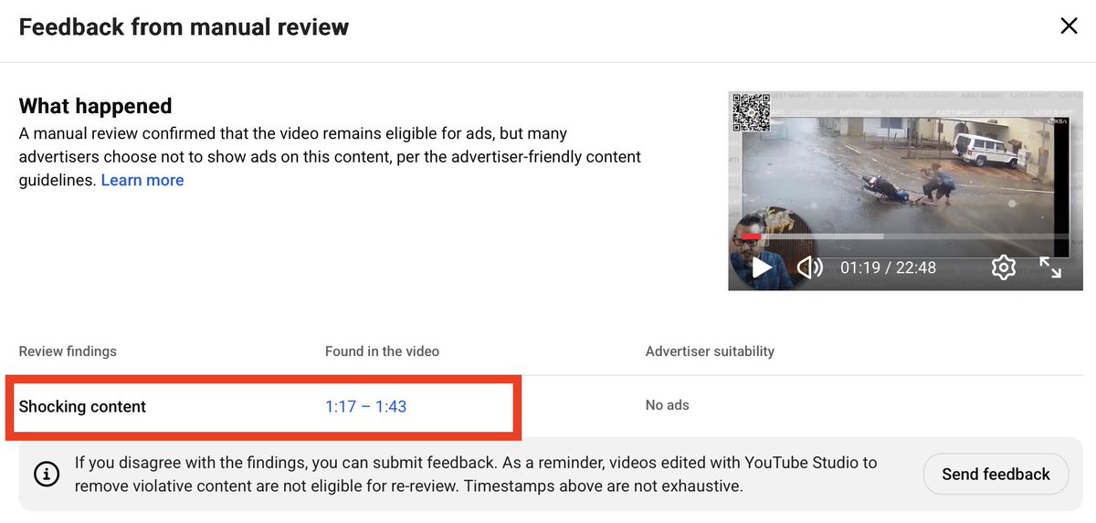ajeetbharti's tweet photo. टूटी सड़क में गिरते व्यक्ति को @YouTube @YouTubeIndia shocking content मान कर, वीडियो डीमोनेटाइज कर रहा है। यानी, @YouTubeCreators जो न्यूज बेस्ड हैं, वो सड़क पर गिरे व्यक्ति की वीडियो नहीं दिखा सकते! इन BKL के हिसाब से तो कोई भी रैंडम वीडियो उठा कर कुछ भी कह देंगे। हमारा @GoI_MeitY यूट्यूब को किस तरह के ‘जॉब’ देने में व्यस्त है, यह कहूँगा तो मिर्ची लग जाएगी।