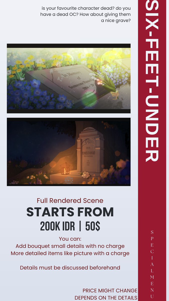 LittleDemy's tweet photo. [🔄 &amp; 📷 are appreciated! ] 
July-August batch is now open! I am also opening a new menu; Six-Feet-Under, aka a rendered gravestone scene commission! 

DM for further questions and to order!  More menus can be seen under this post! 
#commission #opencommission https://t.co/5eNHSG70EV
