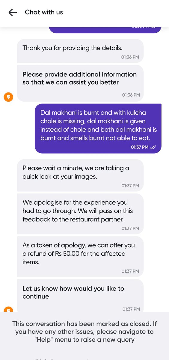chandra542's tweet photo. @Swiggy @swiggy_india looks like everyone is just looting the people for their profit. Order food today and it was very bad, burnt and smelling pathetic and when I complained, you were just giving me 50 rs as refund and when I denied that you just closed the case and no action. https://t.co/FyS4zzlIAE