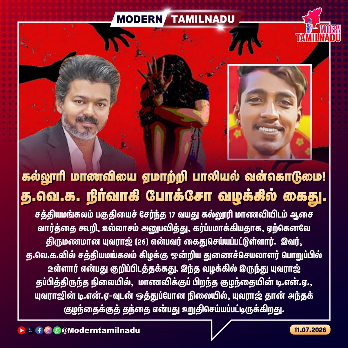 ModernTamilnadu's tweet photo. கல்லூரி மாணவியை ஏமாற்றி பாலியல் வன்கொடுமை! - த.வெ.க. நிர்வாகி போக்சோ வழக்கில் கைது!

#POCSO #TVK #CMVijay https://t.co/gdeJBYJdeZ