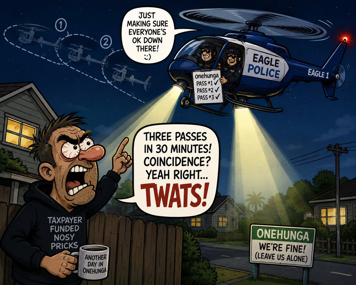 1nsomnolence's tweet photo. Three passes over Onehunga in the last 30 minutes. @nzpolice @eagle_police #HELLcopter, at what point does this stop looking like coincidence and start looking like a pattern? Outstanding use of taxpayer-funded aviation. Twats.
#NZpolitics #NZpol #OurAKL https://t.co/4PSx7fel6n