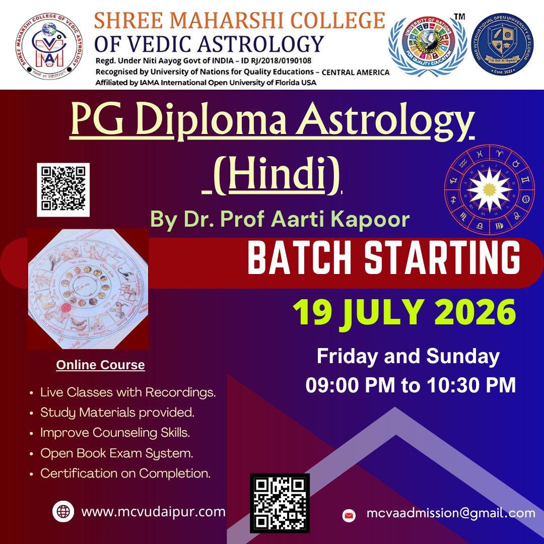 mcvu_college's tweet photo. Enroll Now – PG Diploma in Astrology (Hindi)

By Dr. Prof. Aarti Kapoor

Batch Starts: 19 July 2026
 Classes: Friday &amp; Sunday
 Time: 09:00 PM – 10:30 PM
 Mode: Online Live Classes
🌐 Website: https://t.co/CWptFNDd8j
 📧 Email: mcvaadmission@gmail.com https://t.co/D27fnTdQO1