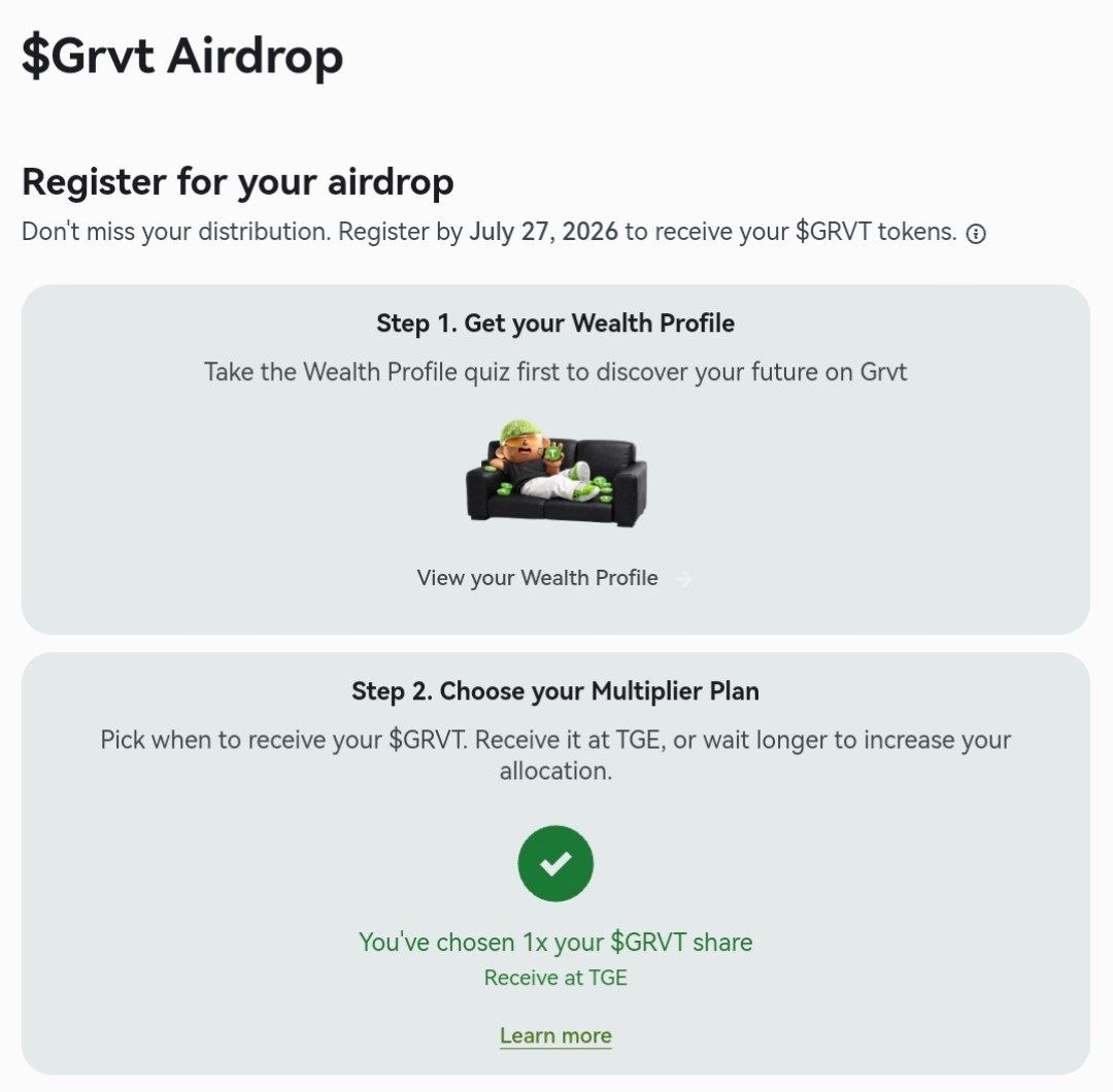 Mian26641's tweet photo. Registration for @grvt_io $GRVT Airdrop is Live
 >https://t.co/OtK0gIXETY

➖ Login to your Account &amp; click Register 
➖ Complete Quiz to create your wealth Profile 
➖ Choose multiplier for your Allocation Claim
➖ Select Chain where you want to receive Tokens &amp; submit Address https://t.co/XxDpqbrR8K