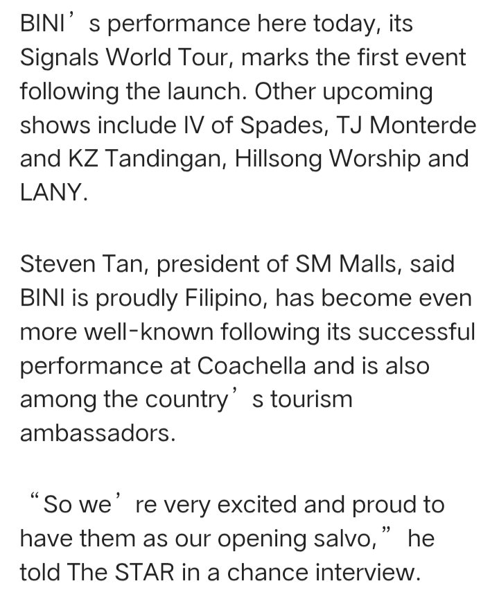 aomsdbr's tweet photo. SM Malls President Steven Tan on #BINI as opening salvo at SM Seaside Cebu Arena: “BINI is proudly Filipino, has become even more well-known following its successful performance at Coachella and is also among the country’s tourism ambassadors...”

#BINI_SIGNALS_CEBU https://t.co/STUwV4Volw