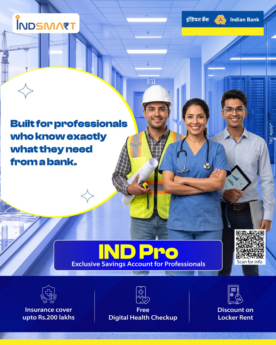 MyIndianBank's tweet photo. Years of expertise. A practice to run. Clients to manage. The last thing you need is a savings account that doesn't keep up. IND Pro SB Account is designed for professionals who expect more and deserve it.
Know more: https://t.co/U413wn0ukq

#IndianBank #IndPro #SavingsAccount https://t.co/h2WX2qjvLK
